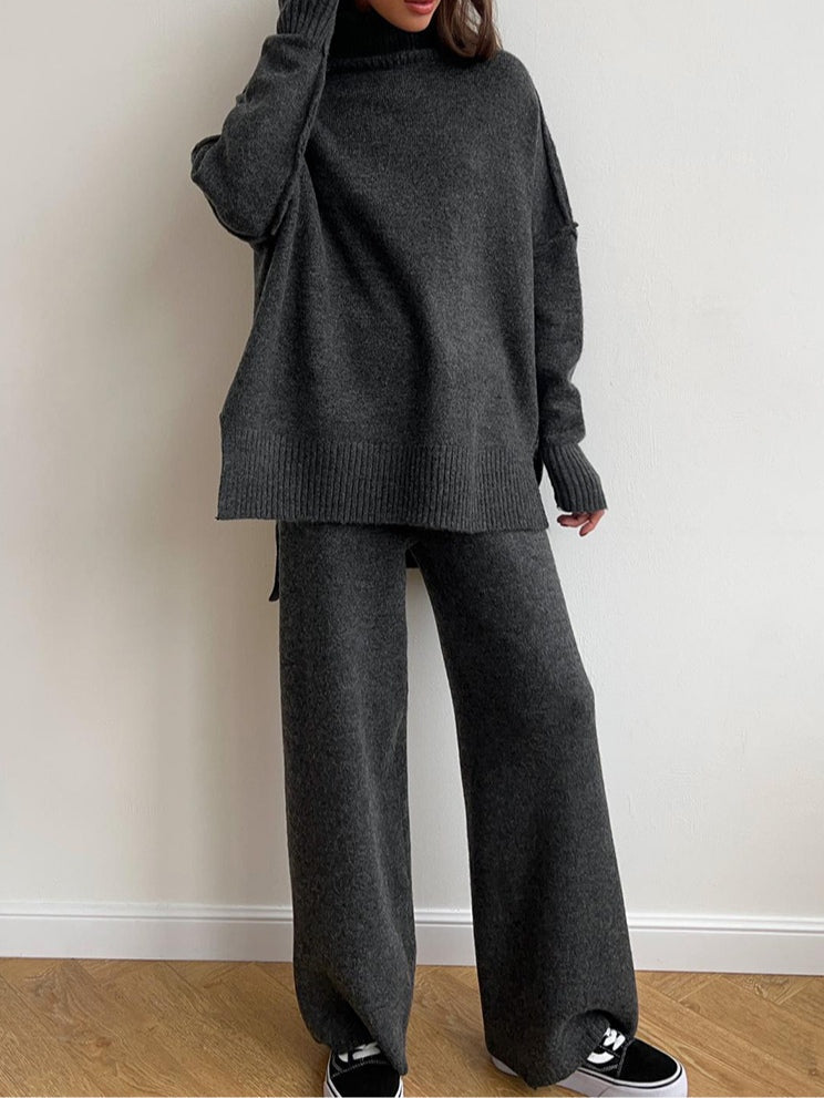 Yolette | Ribbed Knit Sweat Set with Wide Leg Pants for Women
