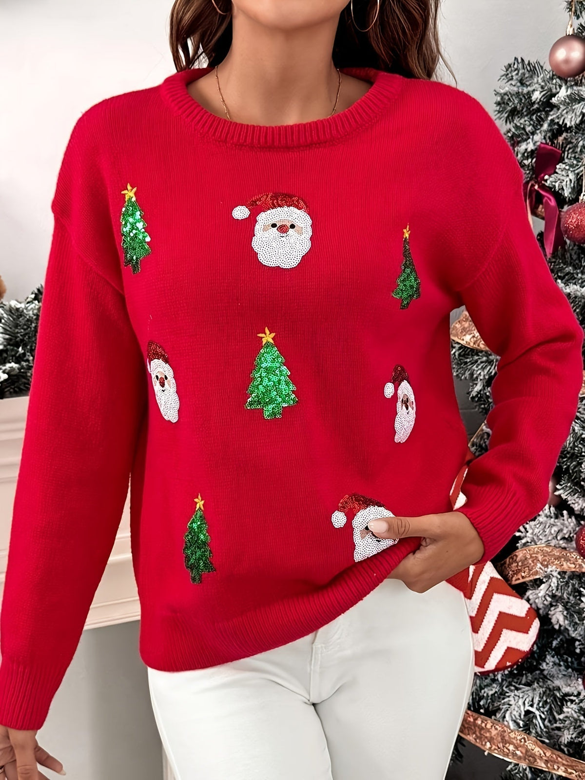 Wilma | Red Crew Neck Christmas Sweater for Women