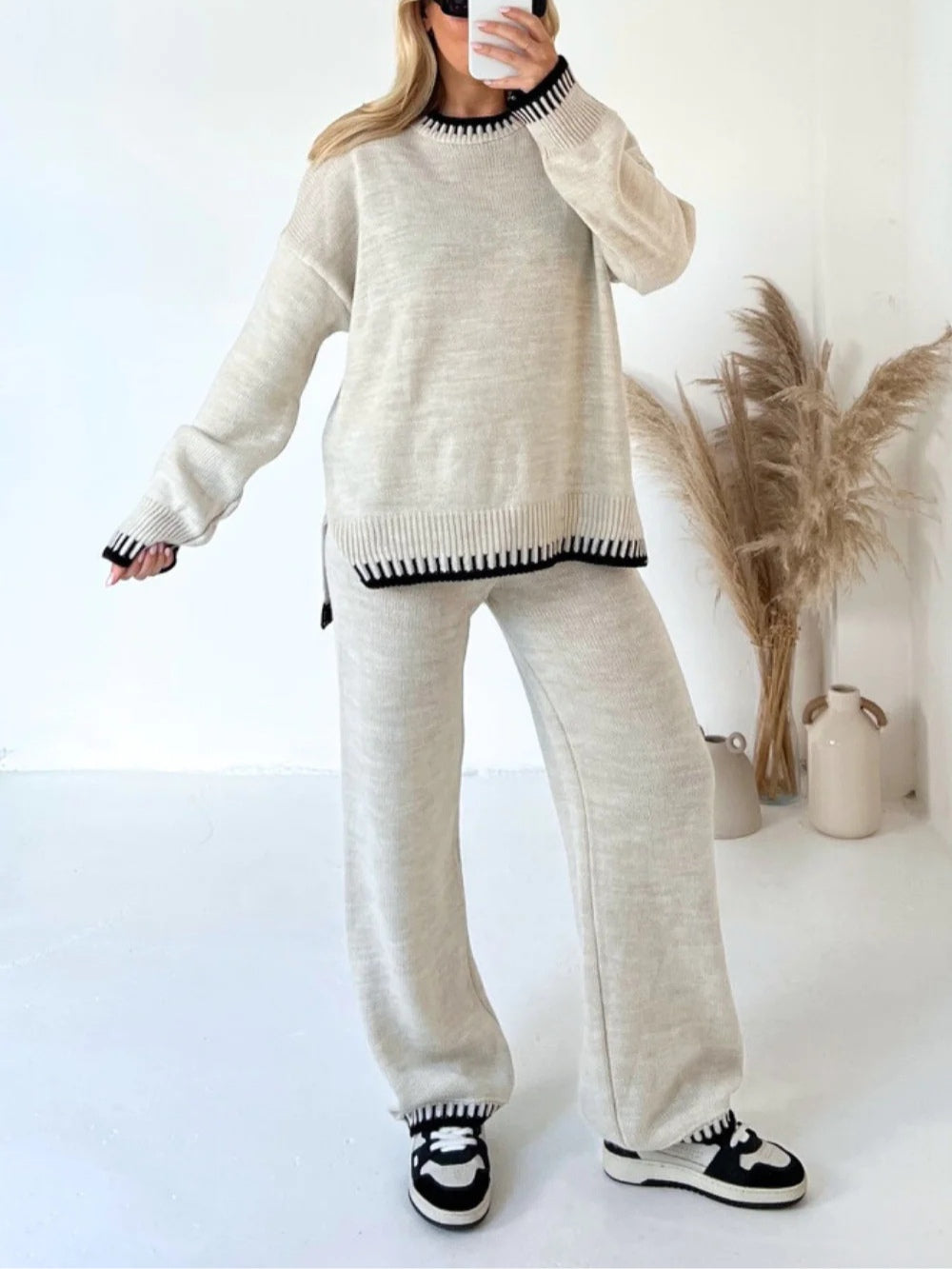 Tahlia | Color-Blocked Ribbed Sweat Set with Crew Neck for Women