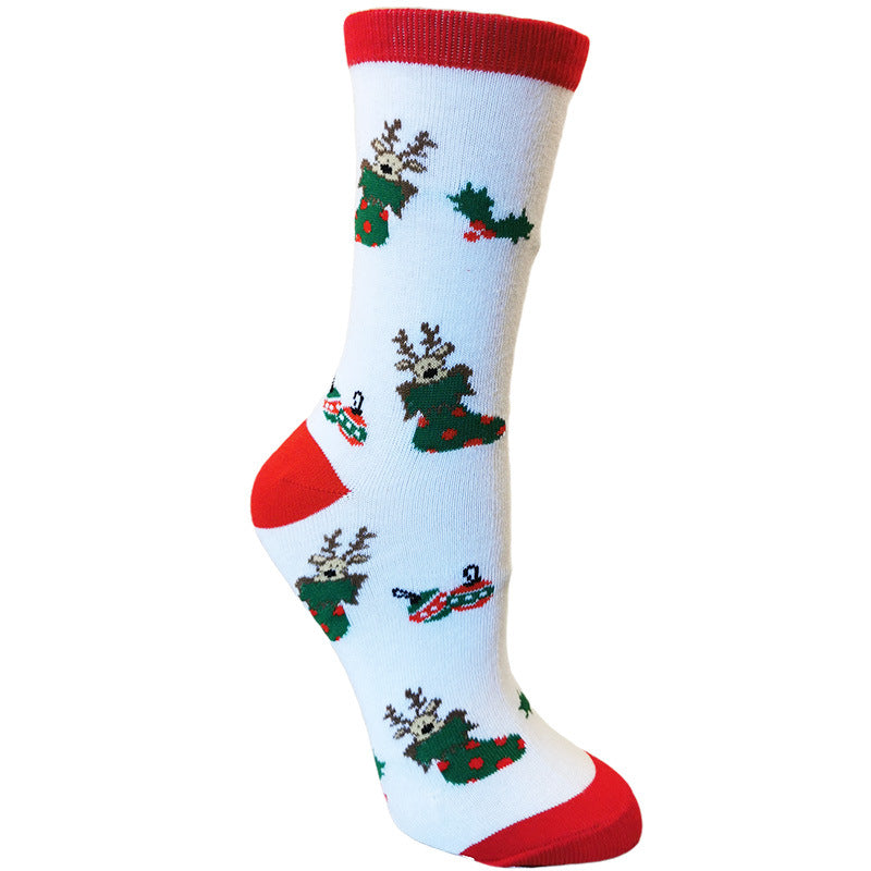 Ada | Striped Cuff Christmas Sock with Reindeer Print for Women