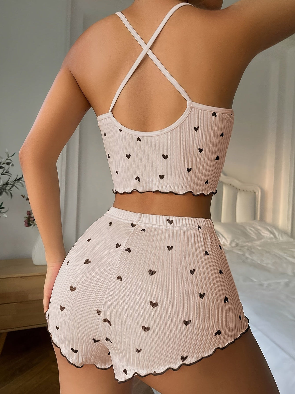 Ursula | Heart Print Ruffled Pajamas Set for Women