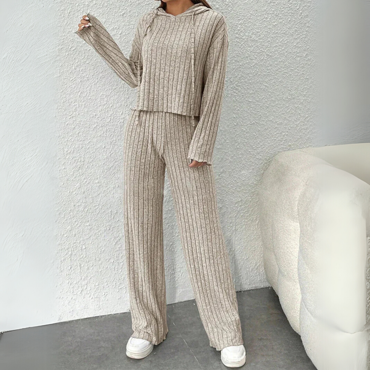 Myrthe | Hooded Ribbed Sweat Set with Kangaroo Pocket for Women