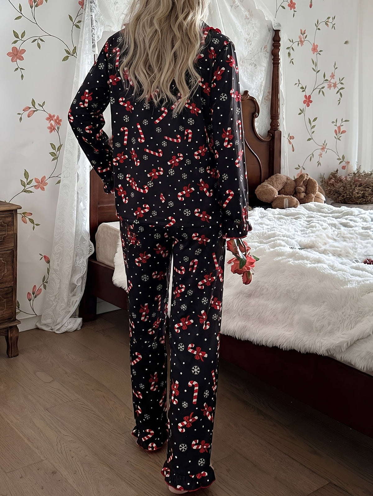 Roswitha | Candy Cane Print Pajamas with Ruffle Trim for Women