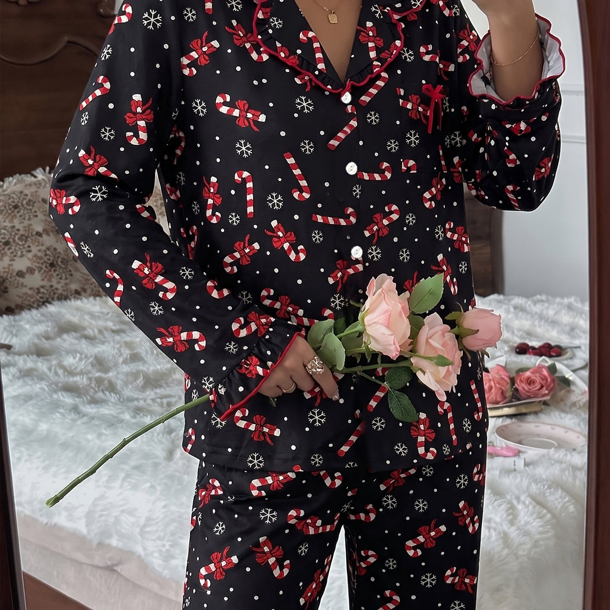 Roswitha | Candy Cane Print Pajamas with Ruffle Trim for Women