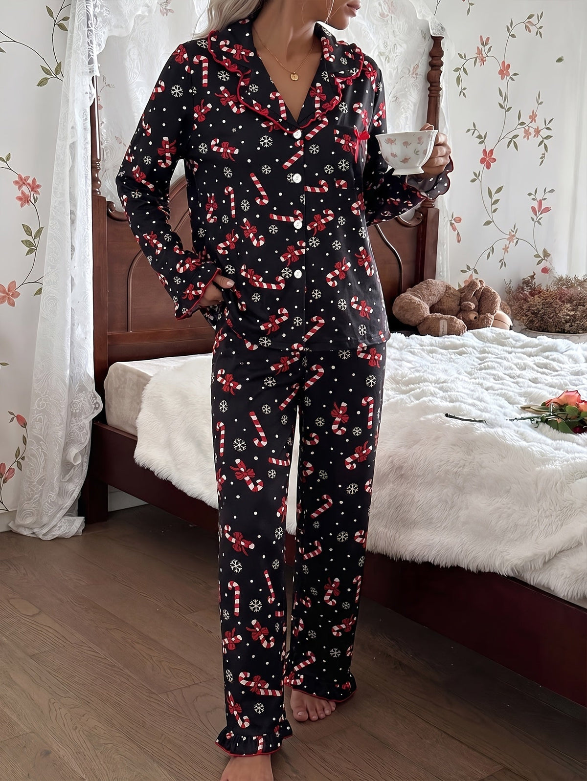 Roswitha | Candy Cane Print Pajamas with Ruffle Trim for Women