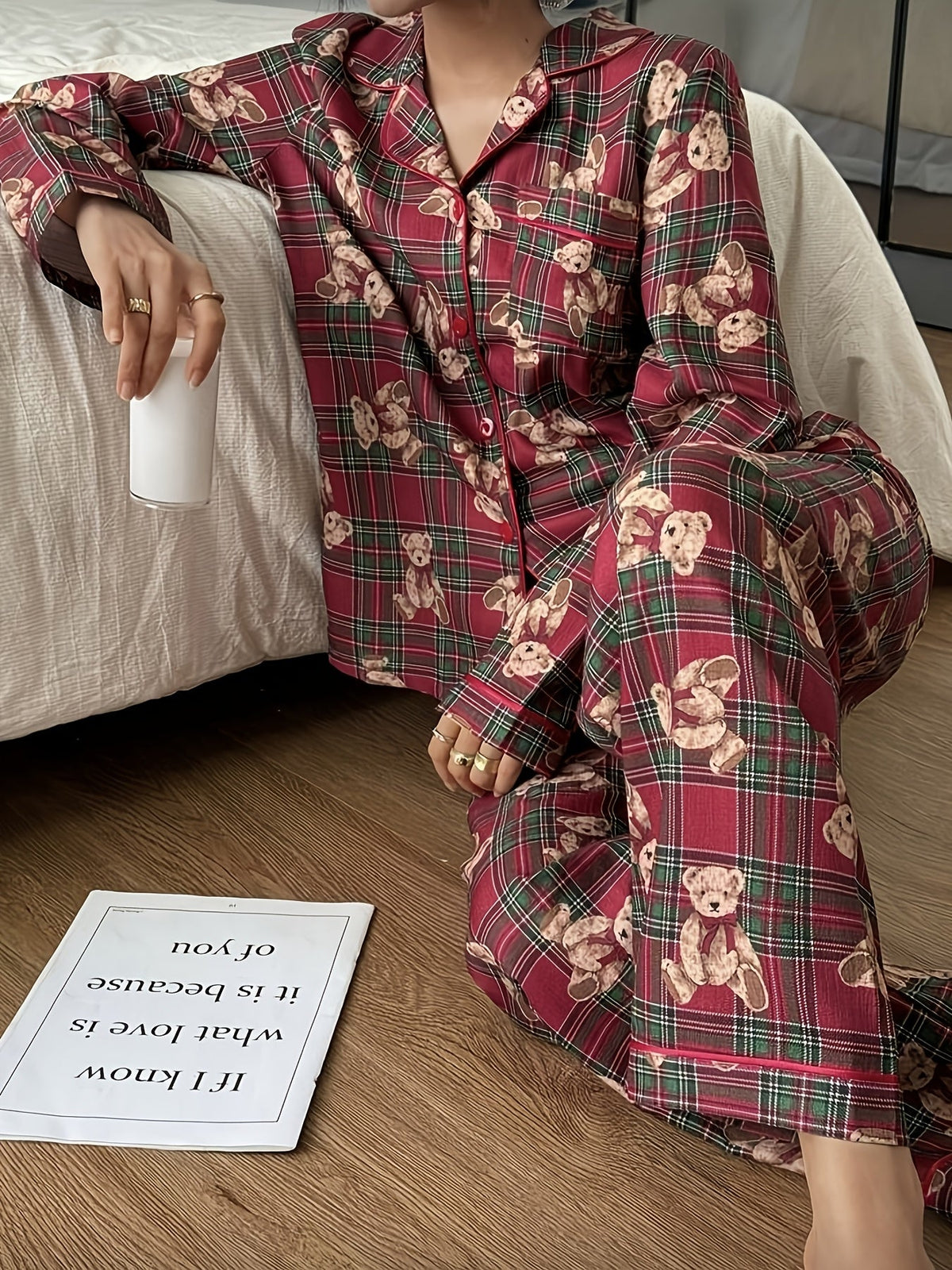 Bergit | Plaid Teddy Bear Print Pajamas for Women with Notched Collar