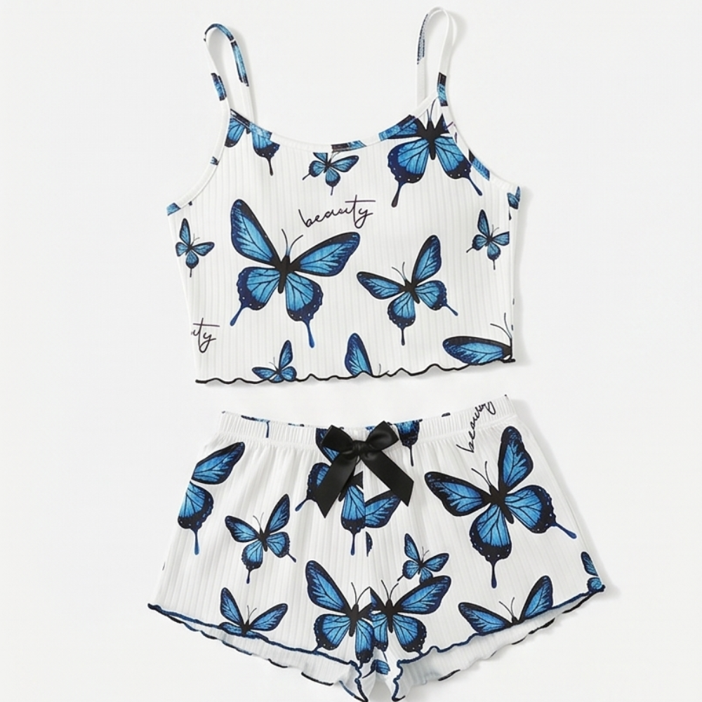 Fieke | Butterfly Print Ribbed Pajamas Set for Women