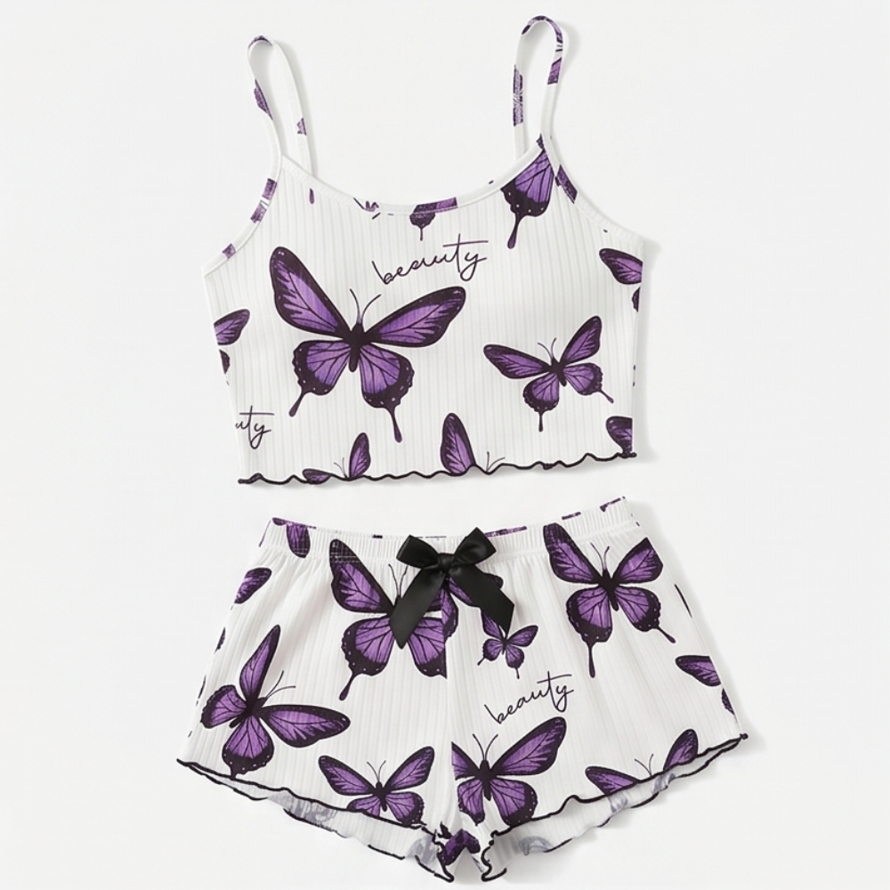 Fieke | Butterfly Print Ribbed Pajamas Set for Women