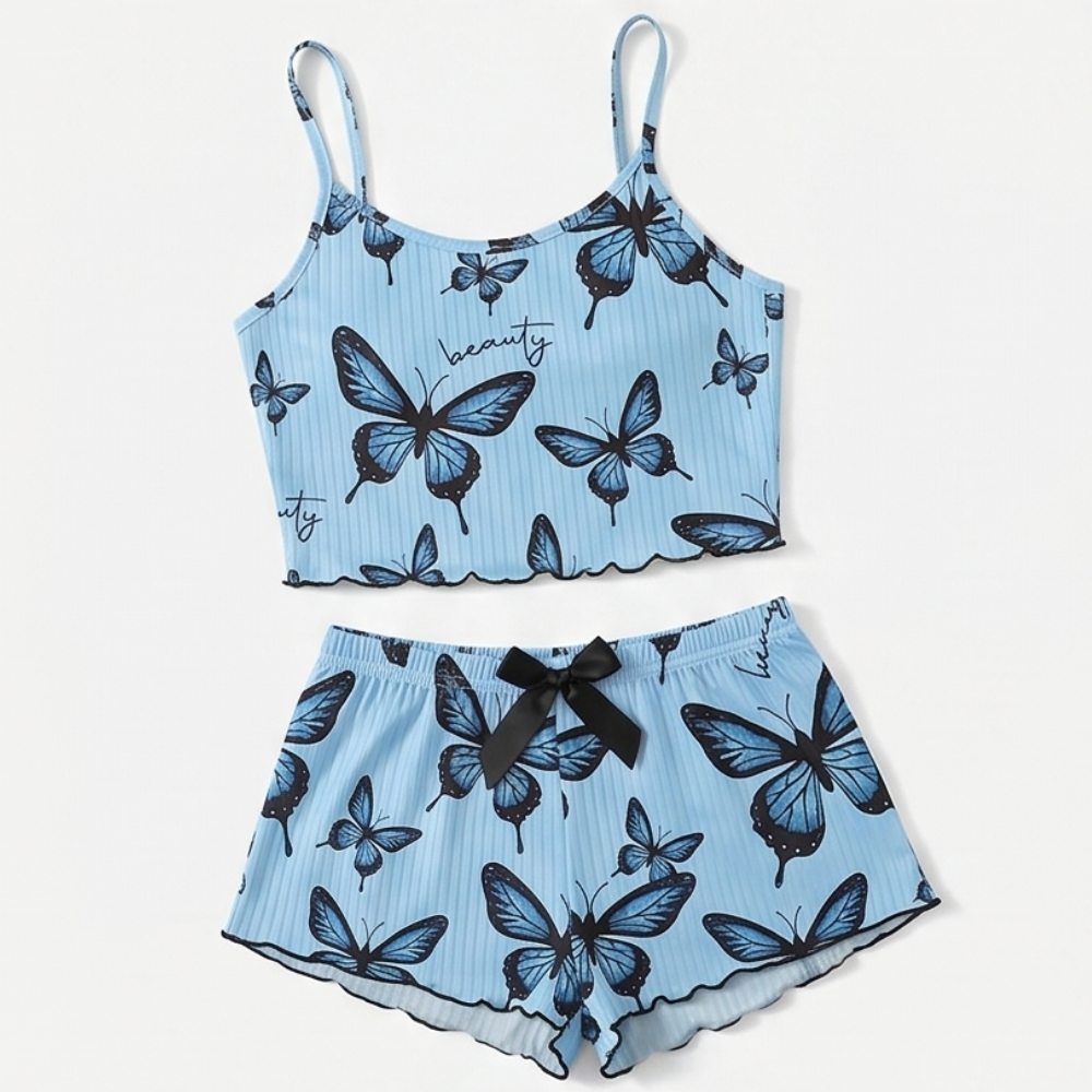 Fieke | Butterfly Print Ribbed Pajamas Set for Women