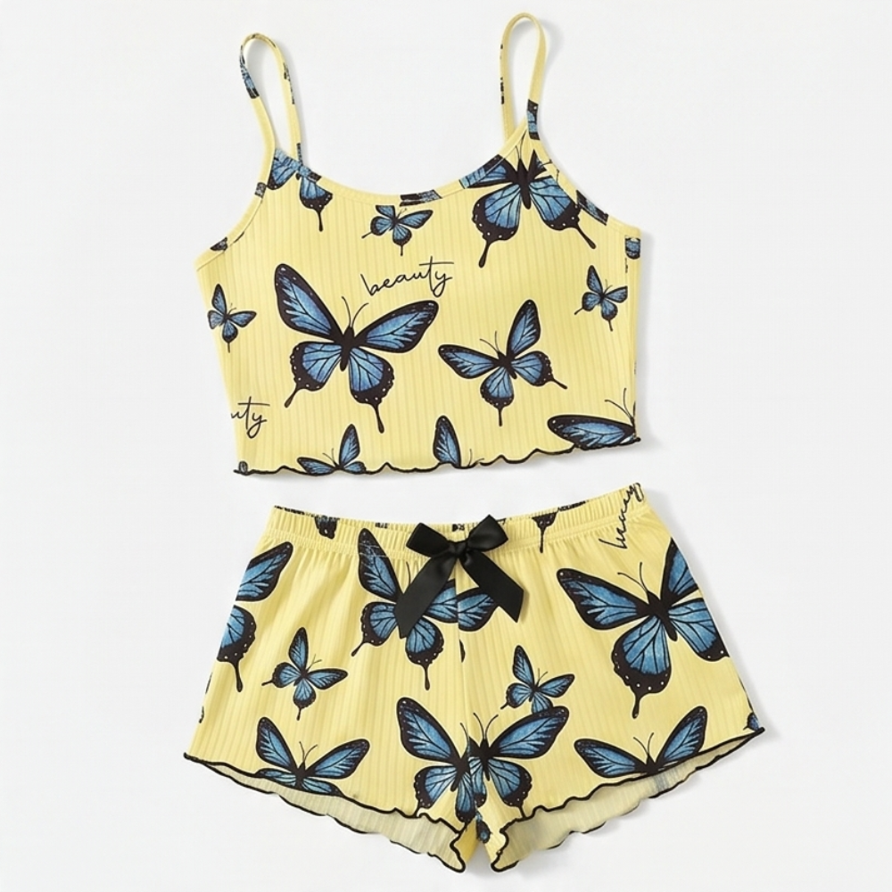 Fieke | Butterfly Print Ribbed Pajamas Set for Women