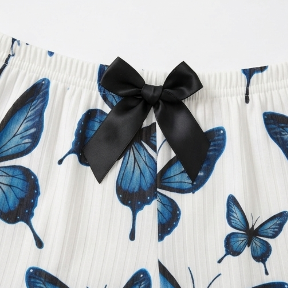 Fieke | Butterfly Print Ribbed Pajamas Set for Women