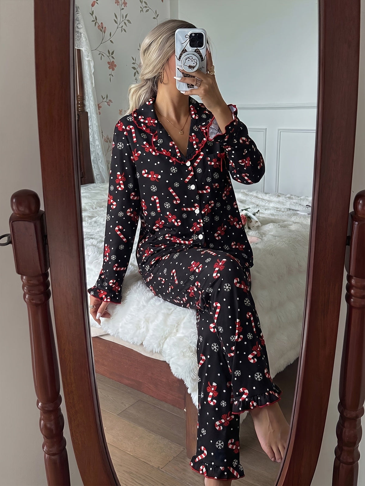 Roswitha | Candy Cane Print Pajamas with Ruffle Trim for Women