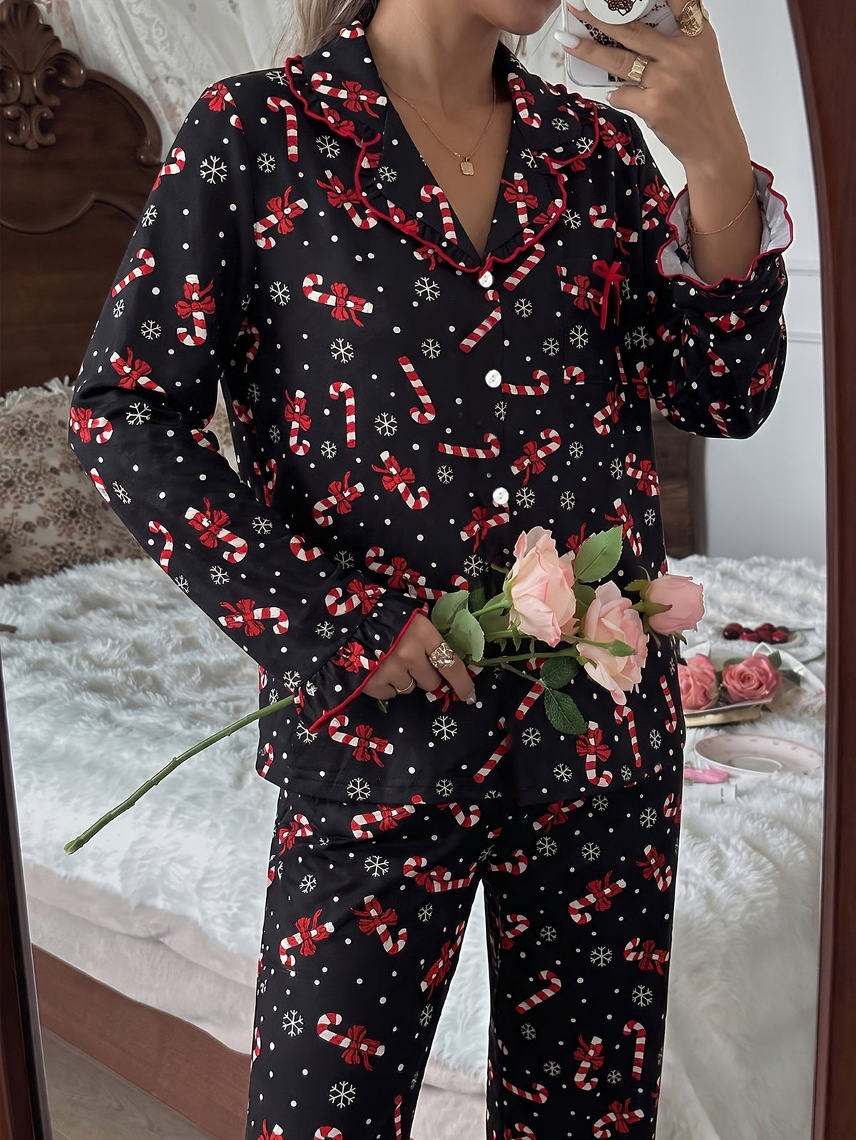 Roswitha | Candy Cane Print Pajamas with Ruffle Trim for Women