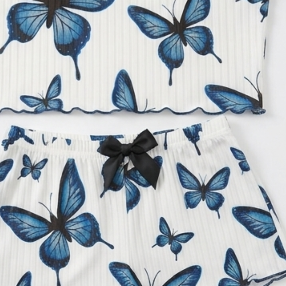 Fieke | Butterfly Print Ribbed Pajamas Set for Women