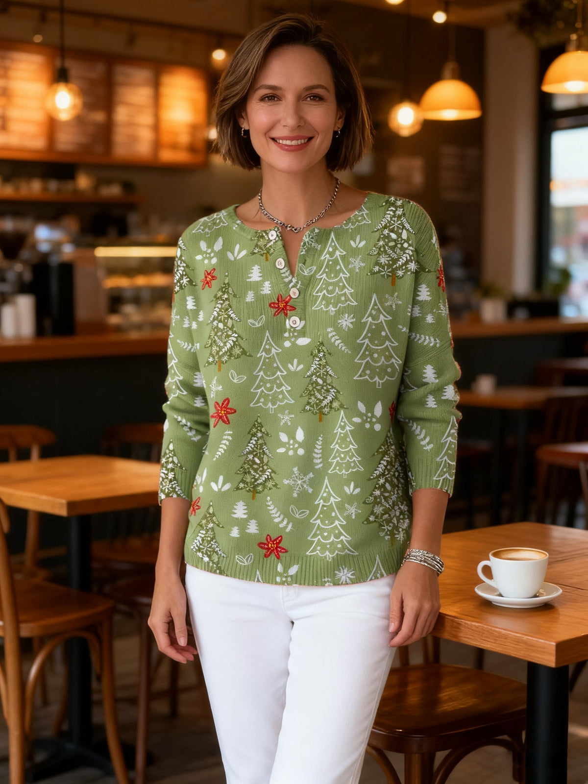 Naima | Christmas Sweater with Floral Print Button Collar