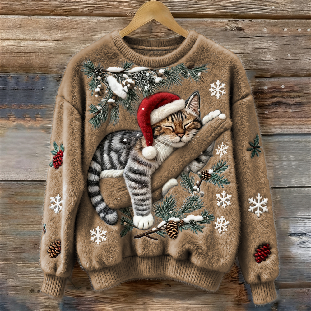 Otje | Christmas Sweater for Women with Cat Print Crew Neck