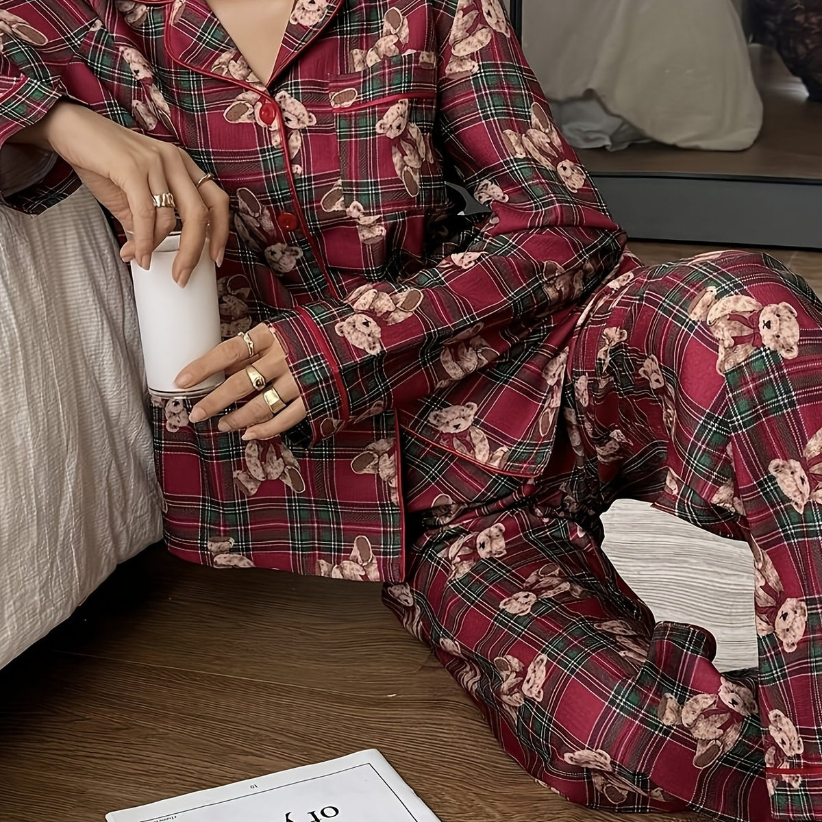 Bergit | Plaid Teddy Bear Print Pajamas for Women with Notched Collar