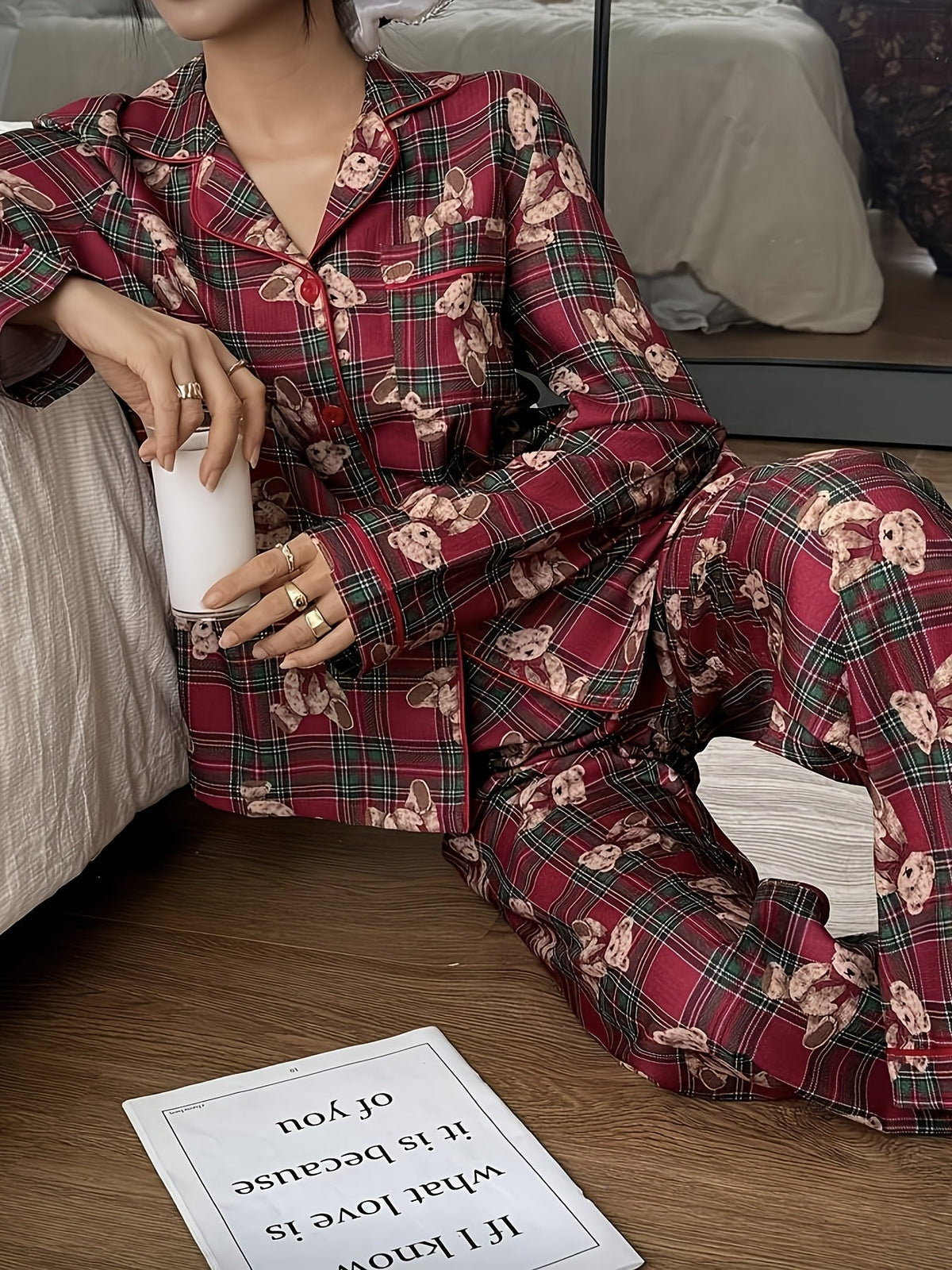 Bergit | Plaid Teddy Bear Print Pajamas for Women with Notched Collar