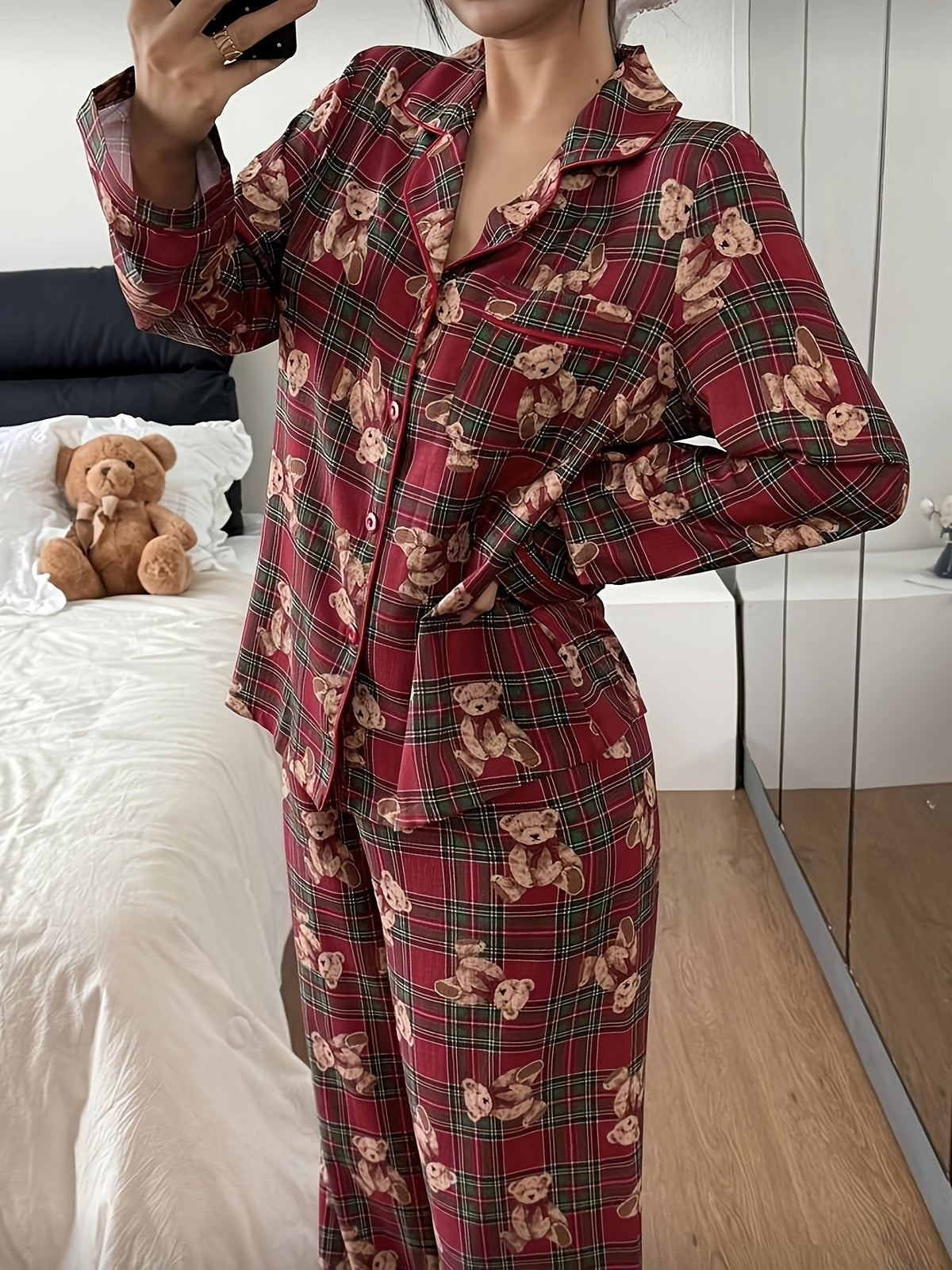 Bergit | Plaid Teddy Bear Print Pajamas for Women with Notched Collar