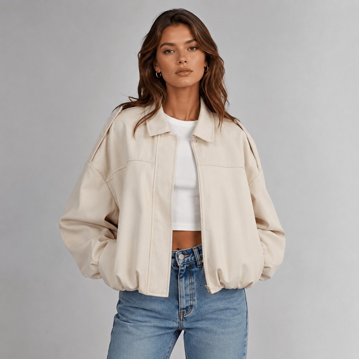 Hillevi | Collared Faux Suede Bomber Jacket for Women