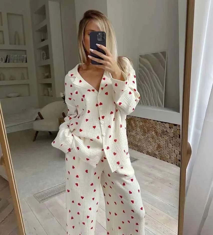 Heike | Heart Print Button-Front Pajamas for Women