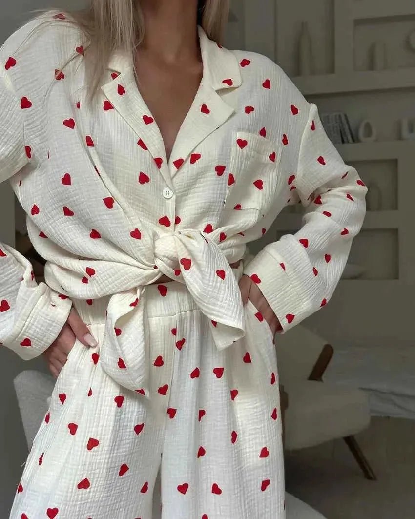 Heike | Heart Print Button-Front Pajamas for Women