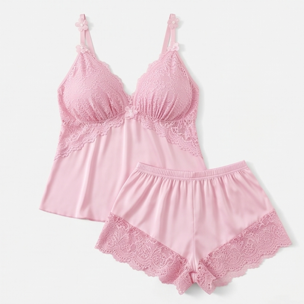 Nicolette | Lace Trim Satin Pajamas Set for Women