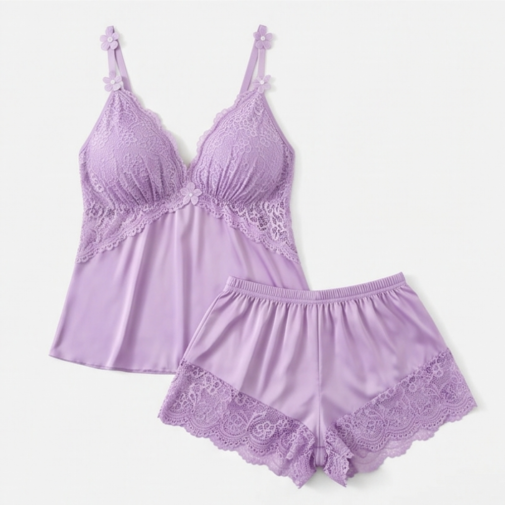 Nicolette | Lace Trim Satin Pajamas Set for Women