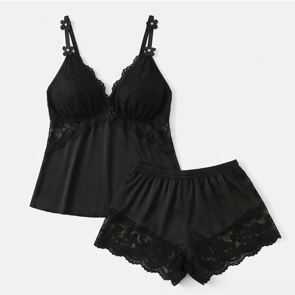 Nicolette | Lace Trim Satin Pajamas Set for Women