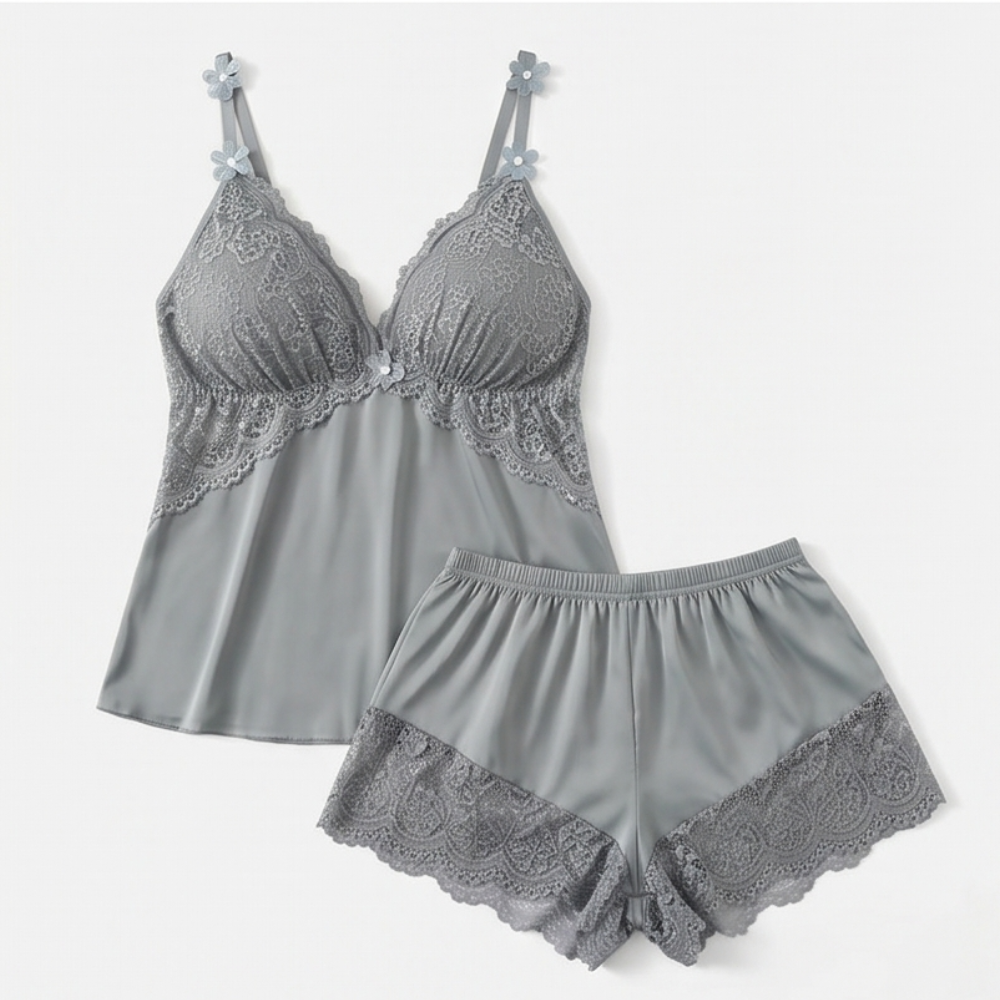 Nicolette | Lace Trim Satin Pajamas Set for Women