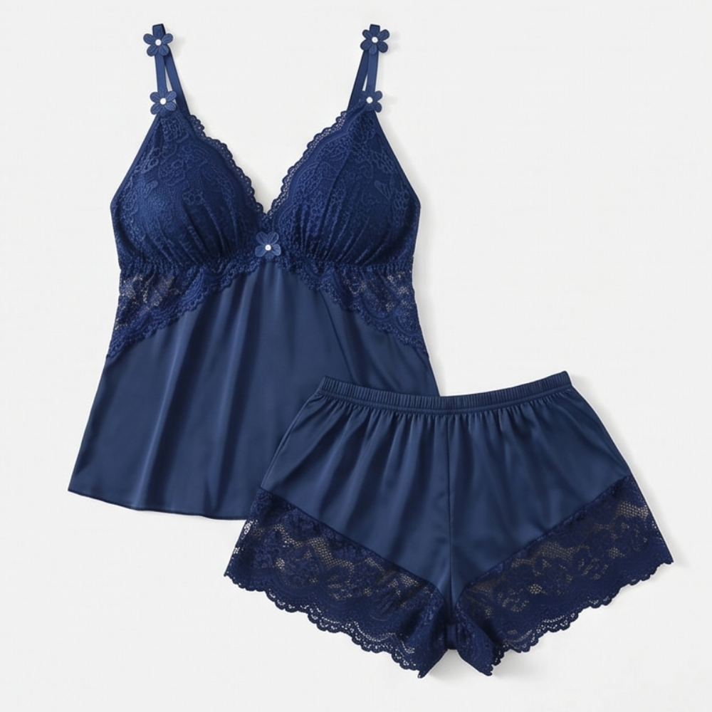 Nicolette | Lace Trim Satin Pajamas Set for Women