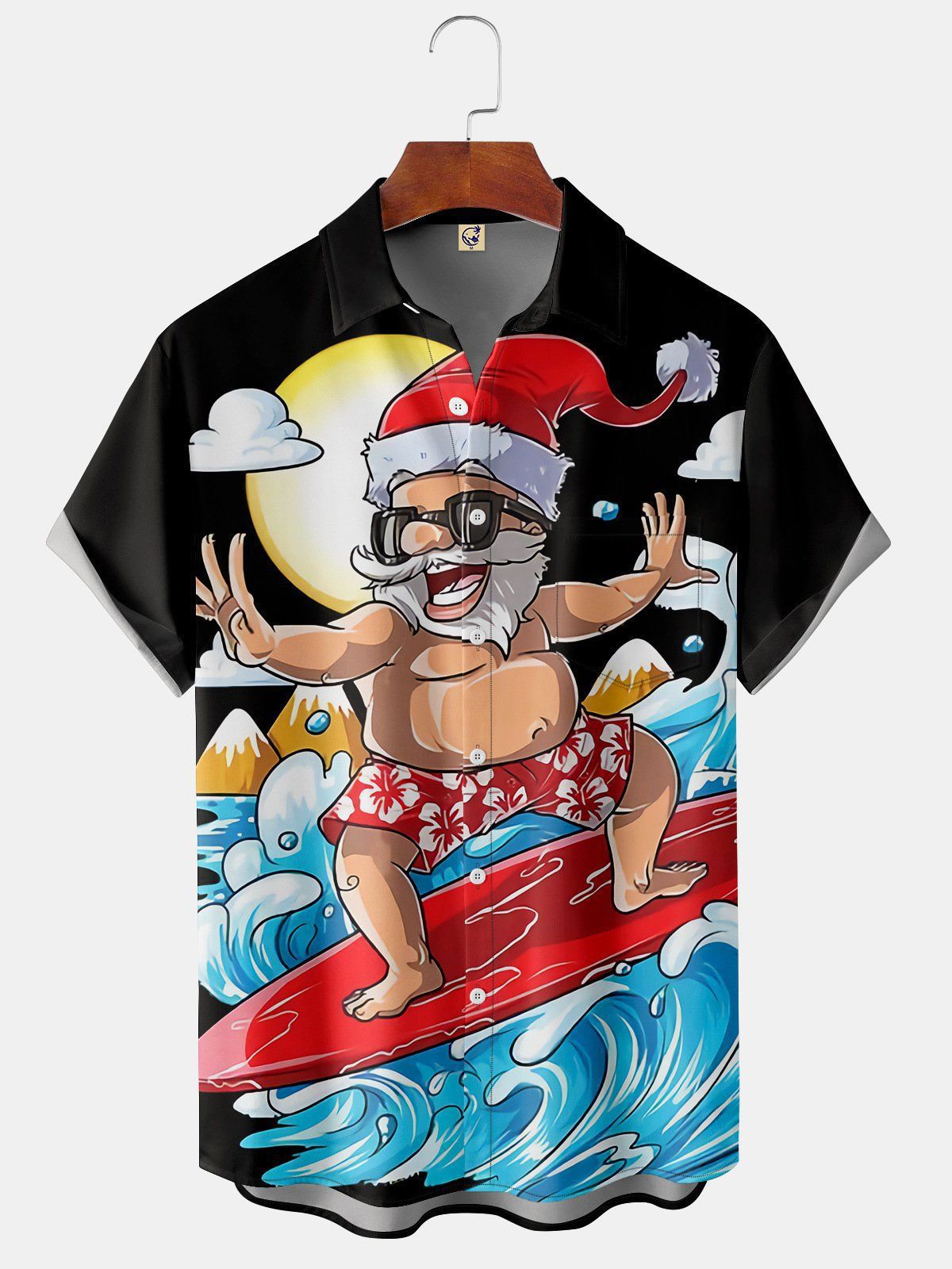 Finlay | Santa Print Button-Down Short Sleeve Christmas Blouse