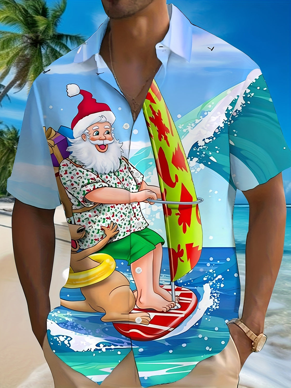 Joel | Pink Cartoon Print Short Sleeve Christmas Blouse for Men