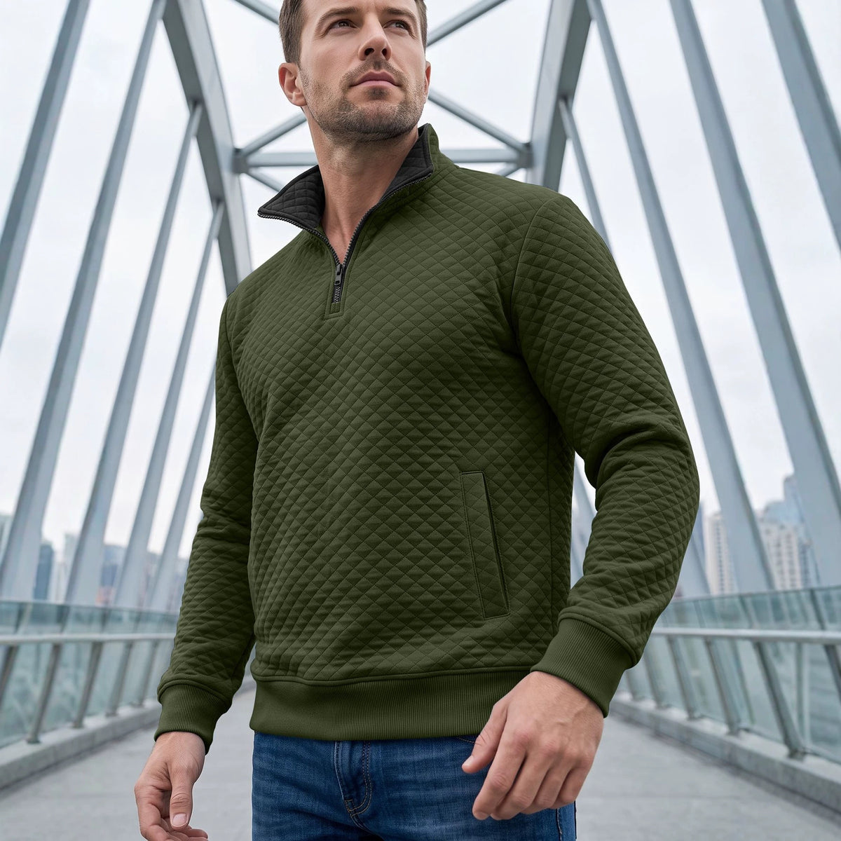 Steef | Quilted Quarter-Zip Stand Collar Sweatshirt for Men