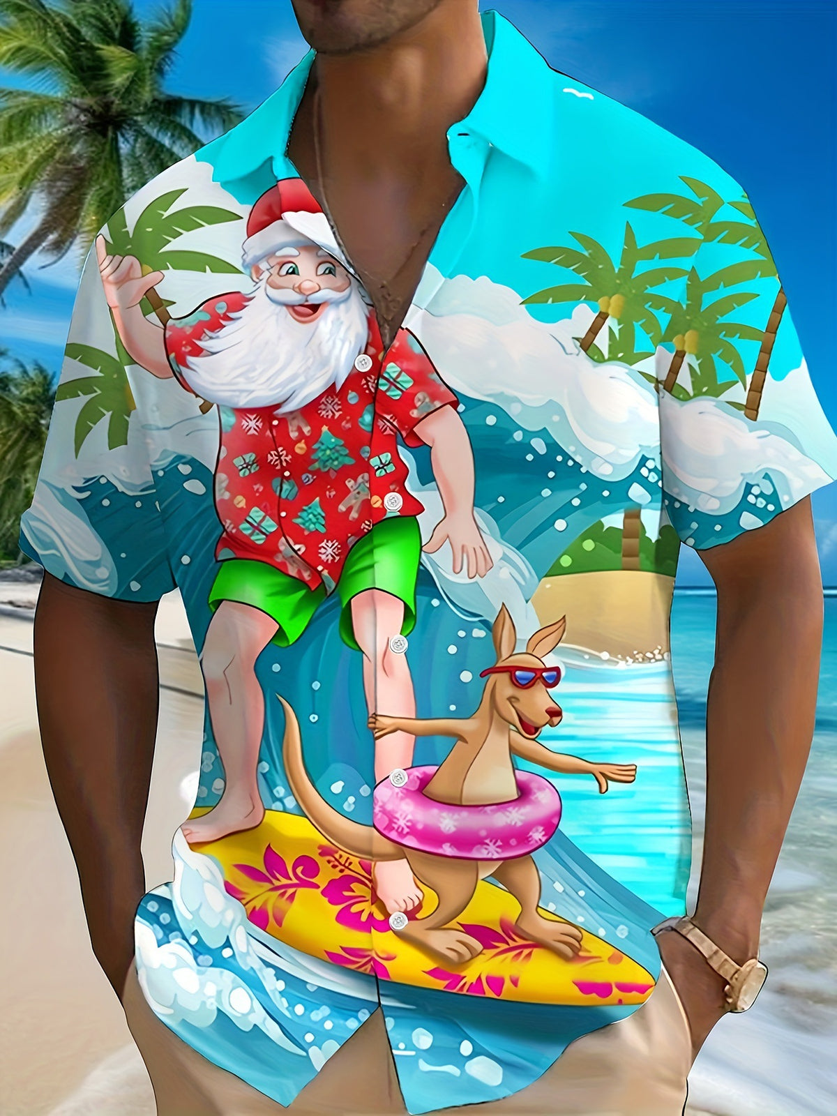 Joel | Pink Cartoon Print Short Sleeve Christmas Blouse for Men