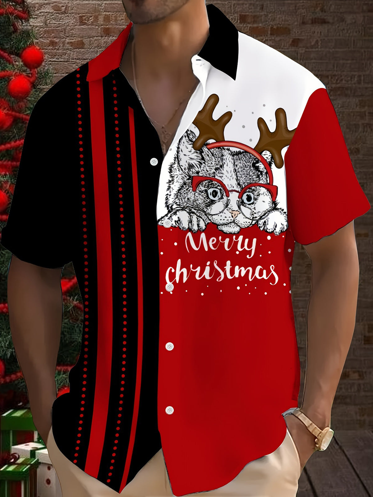 Joel | Pink Cartoon Print Short Sleeve Christmas Blouse for Men
