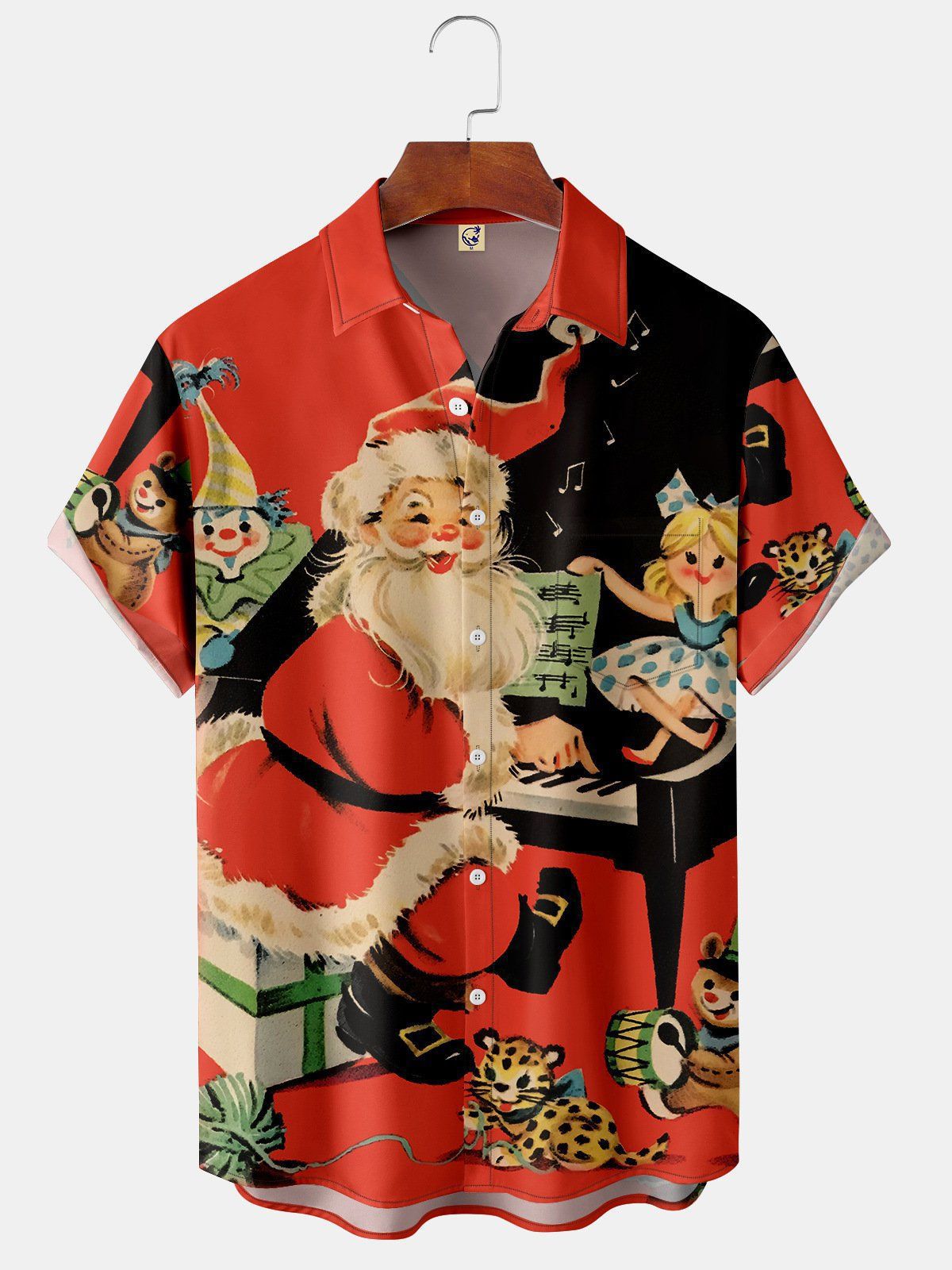 Finlay | Santa Print Button-Down Short Sleeve Christmas Blouse