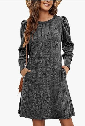 Romana | Ribbed Puff Sleeve A-Line Midi Dress for Women