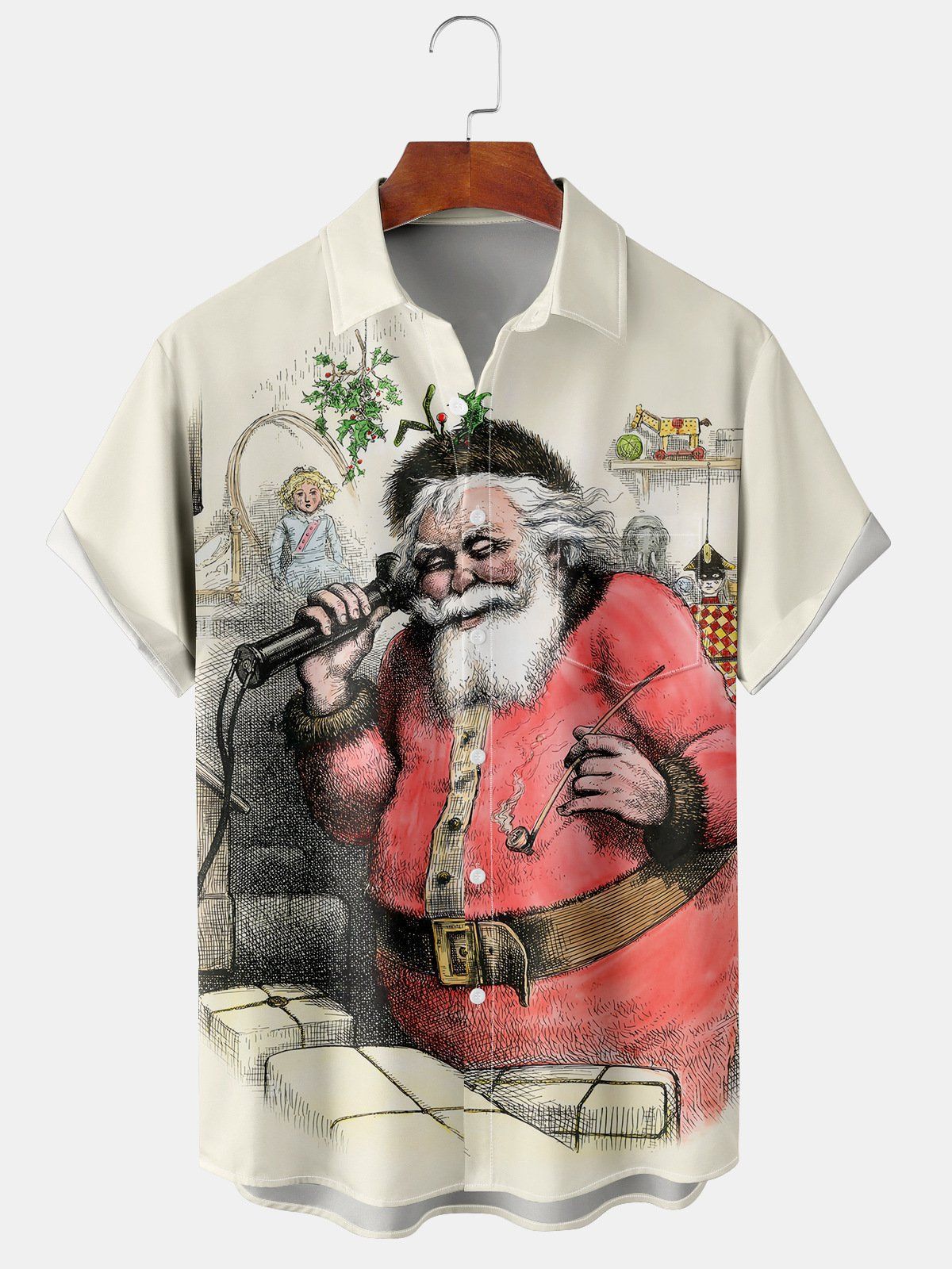 Finlay | Santa Print Button-Down Short Sleeve Christmas Blouse