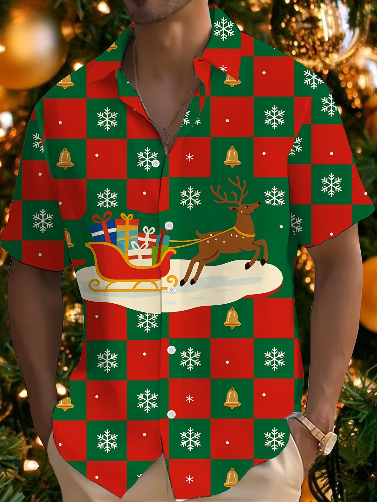 Joel | Pink Cartoon Print Short Sleeve Christmas Blouse for Men