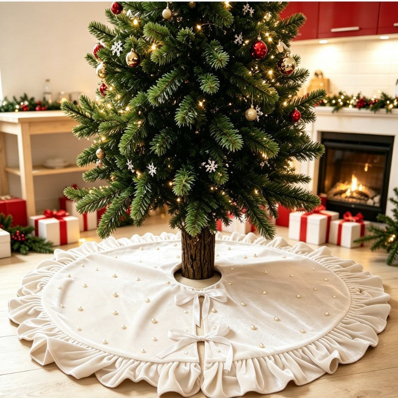 Vibeke | Velvet Ruffled Christmas Tree Skirt with Pearl Beading