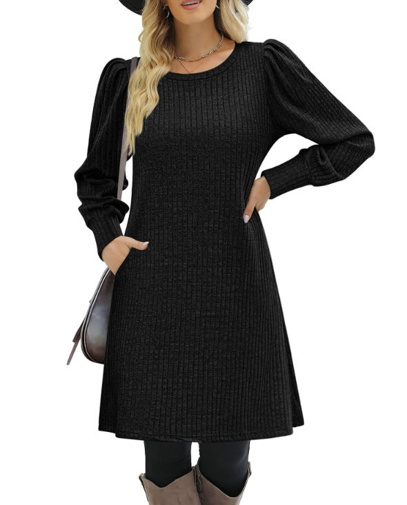Romana | Ribbed Puff Sleeve A-Line Midi Dress for Women