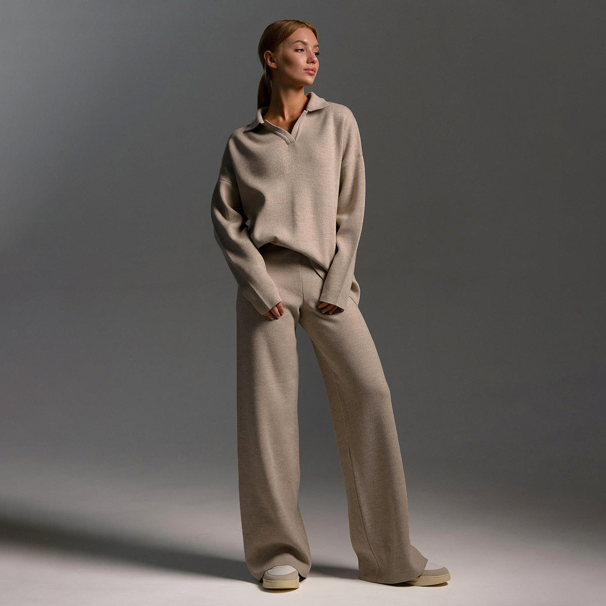 Priscilla | Ribbed Polo Collar Sweat Set with Wide-Leg Pants