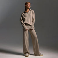 Priscilla | Ribbed Polo Collar Sweat Set with Wide-Leg Pants