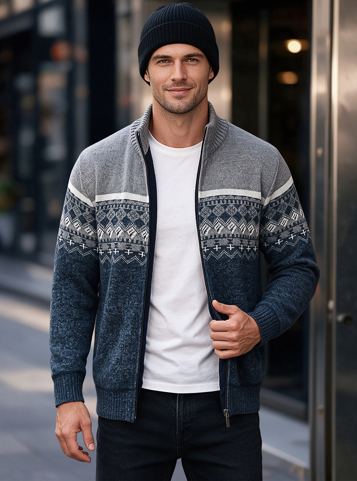 Sixte | Fair Isle Zip-Front Knit Cardigan for Men