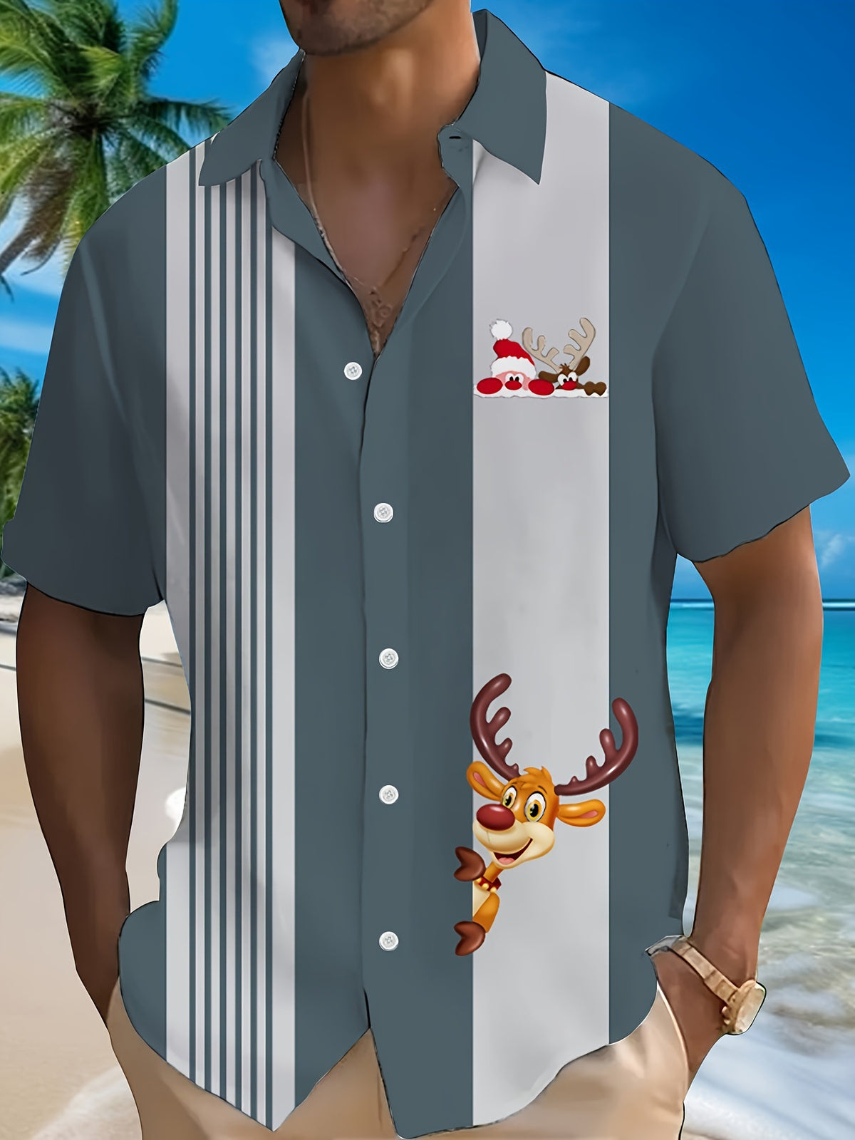 Joel | Pink Cartoon Print Short Sleeve Christmas Blouse for Men