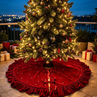 Velvet Ruffled Christmas Tree Skirt with Pearl Beading