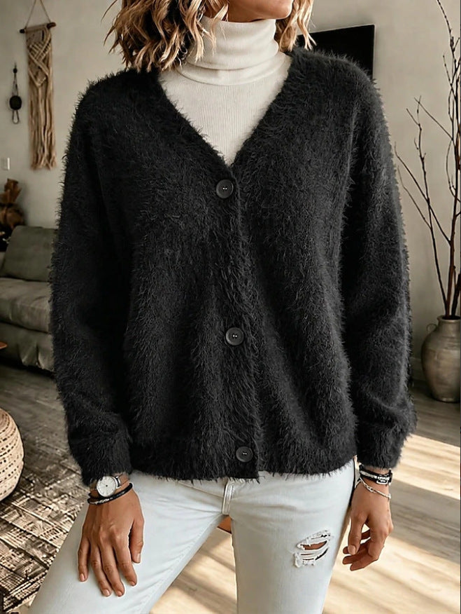 Journee | Fuzzy Knit Button-Front V-Neck Cardigan for Women