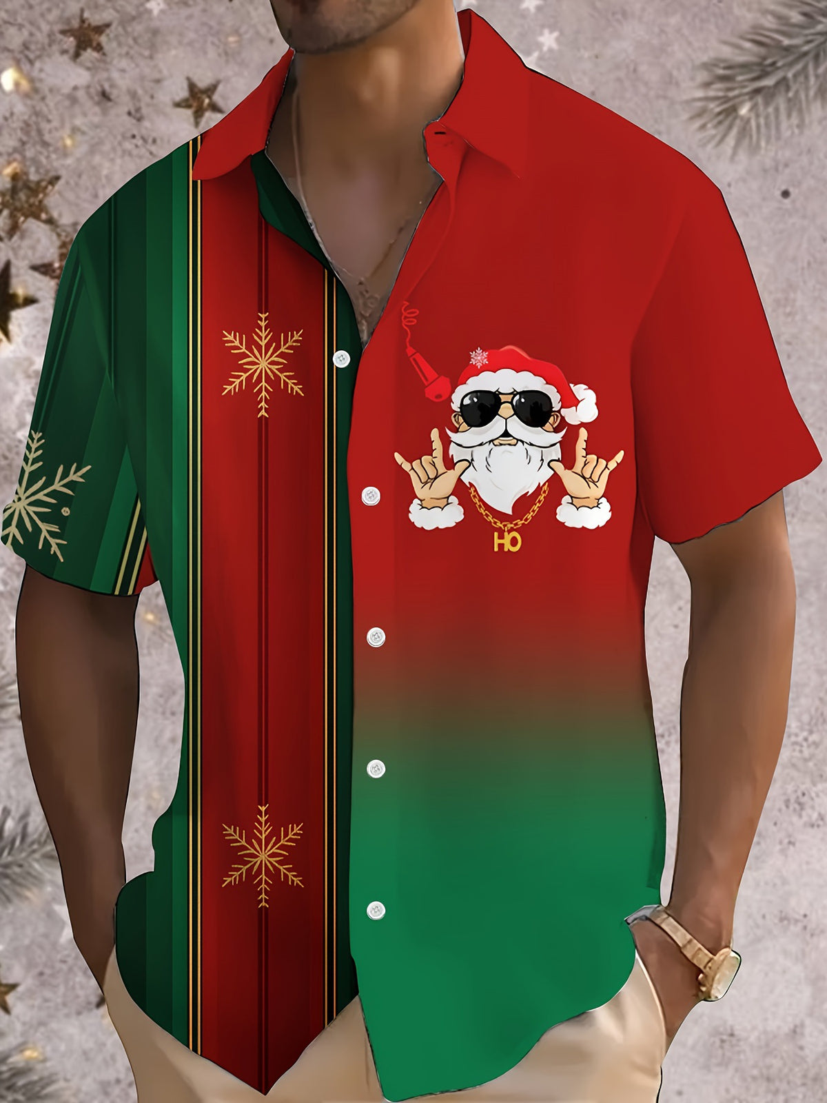 Joel | Pink Cartoon Print Short Sleeve Christmas Blouse for Men