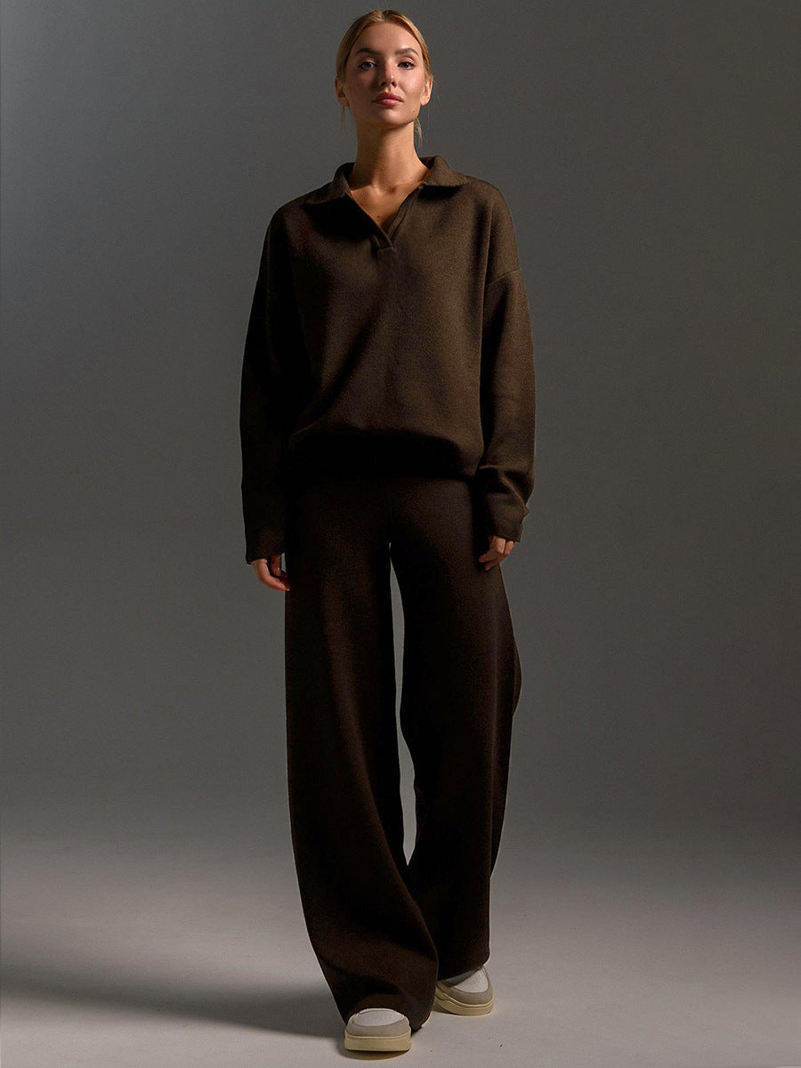 Priscilla | Ribbed Polo Collar Sweat Set with Wide-Leg Pants